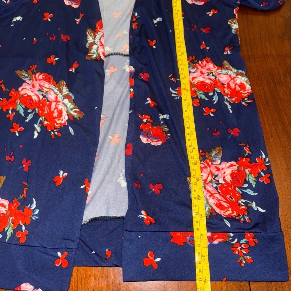Navy Blue Floral Open Front Long Sleeve Cardigan - Picture 14 of 14